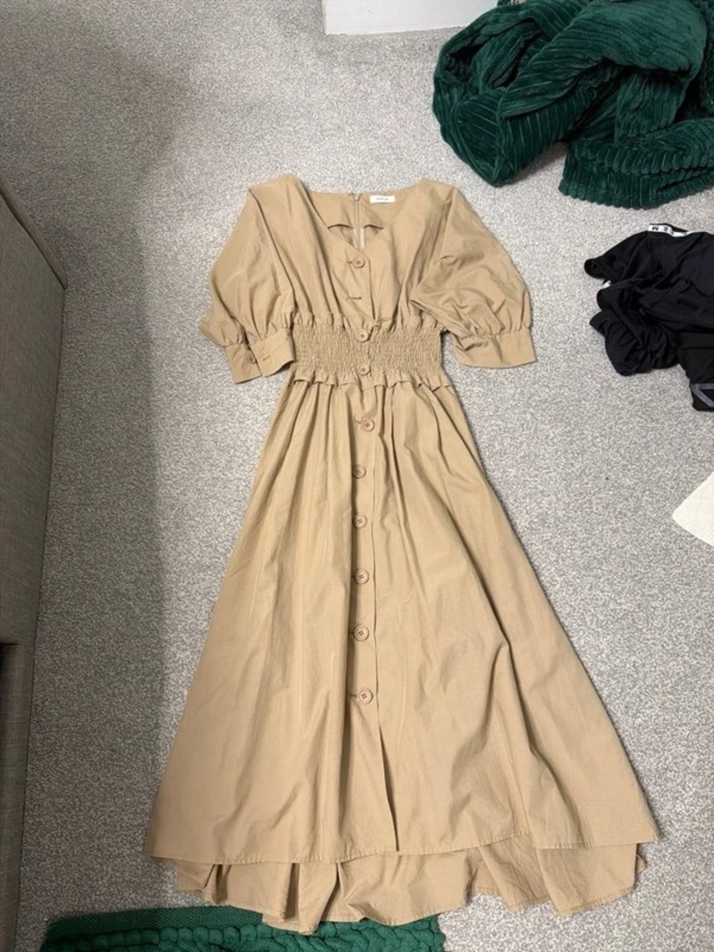 Smocked Waist Midi Dress in Taupe